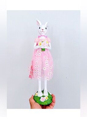 Spring Gatherings Easter Bunny Flower Girl in Pink Floral Dress Holding Bouquet
